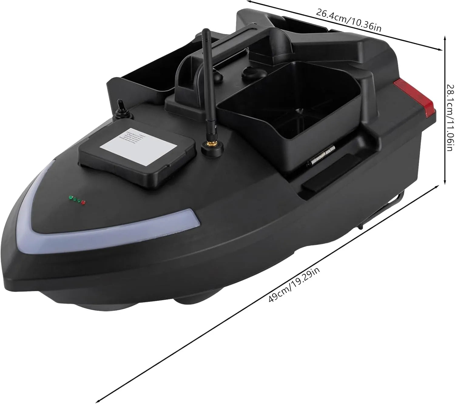 RC bait boat for fishing, 500M cruise, 4.4lbs loading capacity, automatic route correction, and auto return for precise bait placement.