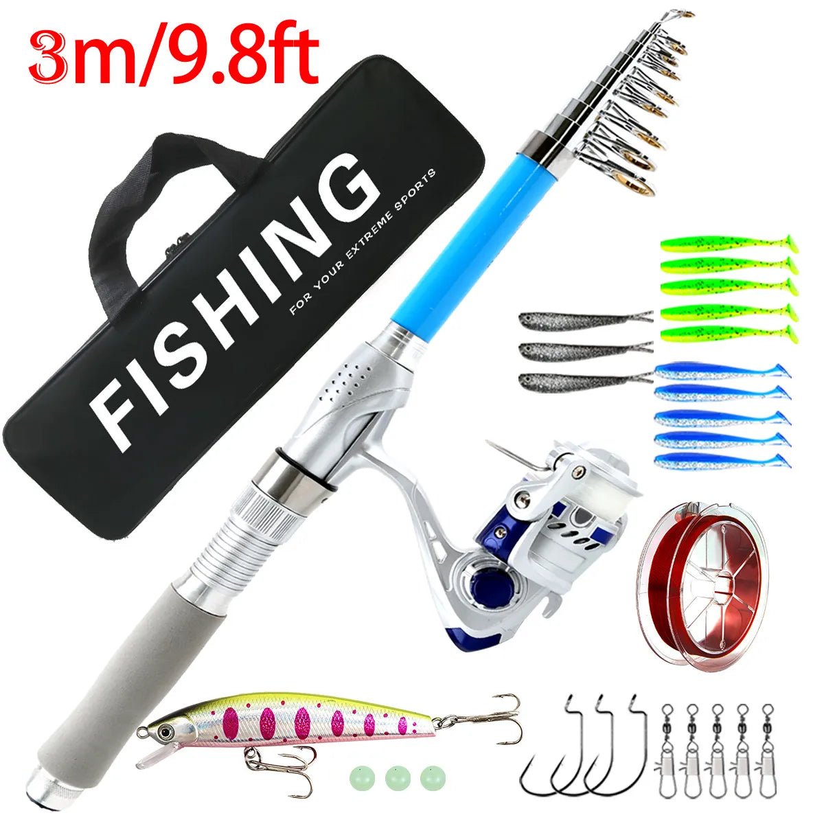 Lure Fishing Set – Long Cast Rod, Reel & Minnow Baits - Echo Leaf
