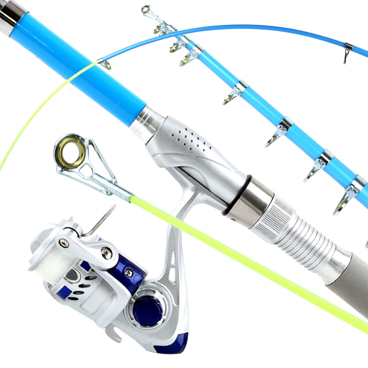 Lure fishing set with long cast rod, reel and minnow baits