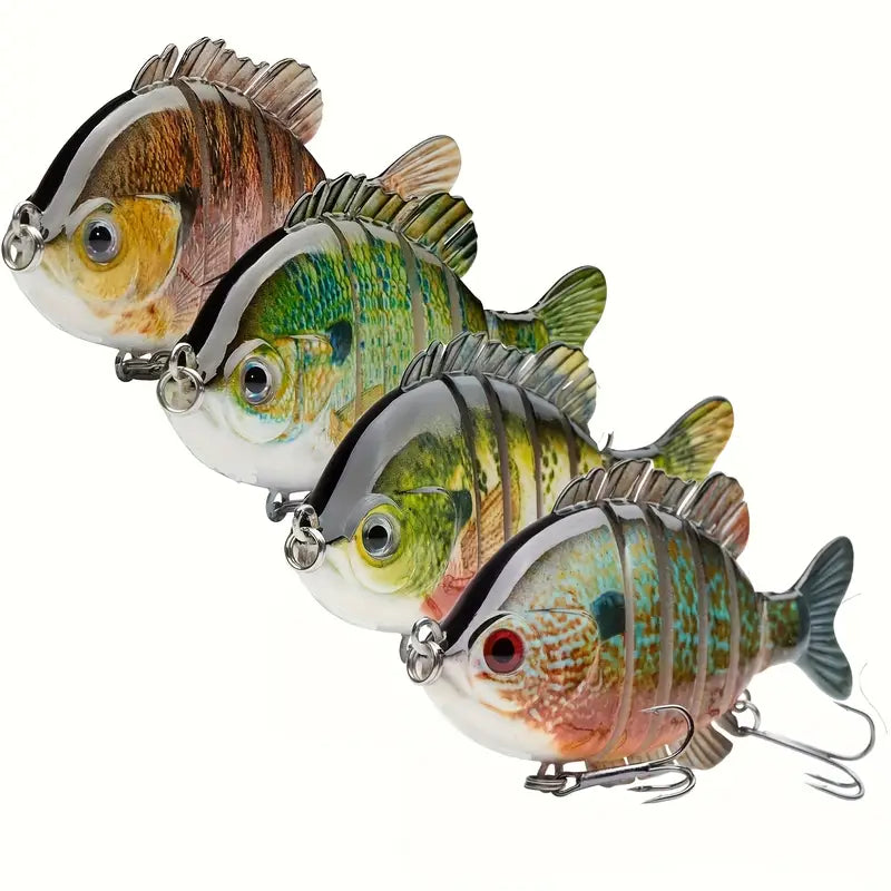 Multi-jointed bluegill swimbait for bass fishing with realistic body and treble hooks