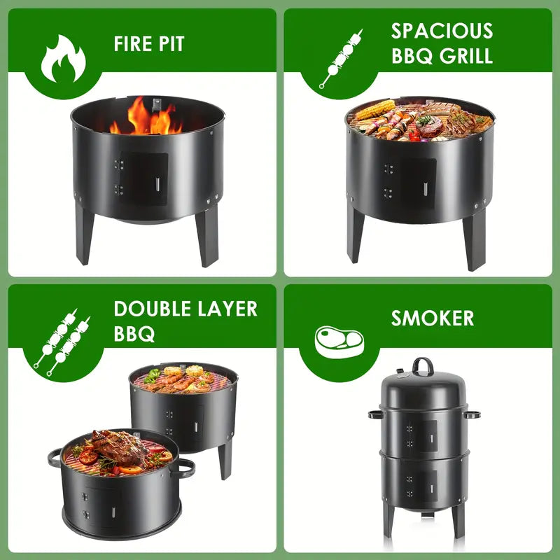 16" Charcoal Smoker Grill | Portable 3-Tier BBQ