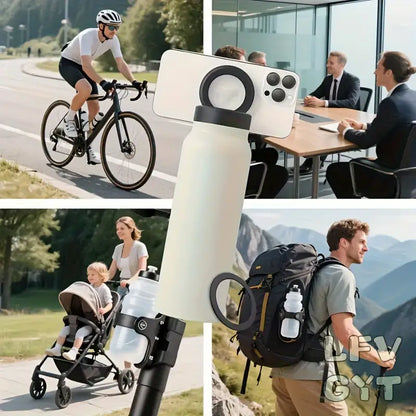 Outdoor and indoor thermos bottle with mobile phone holder