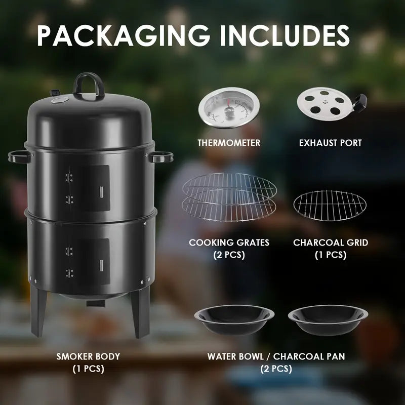 16" Charcoal Smoker Grill | Portable 3-Tier BBQ