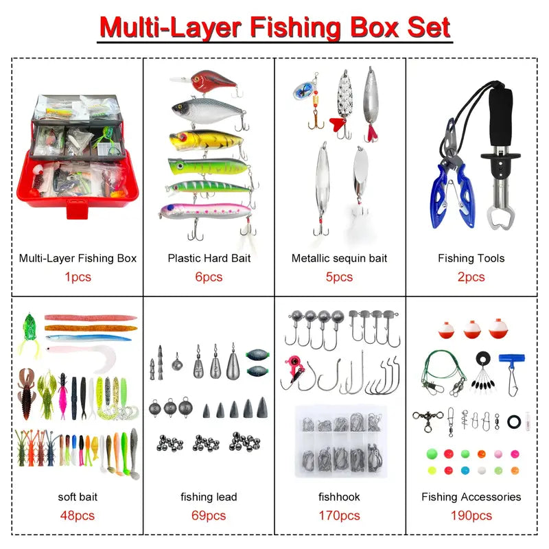 491pcs Fishing Lure Kit with Tackle Box – Soft Baits, Jigs & Hooks