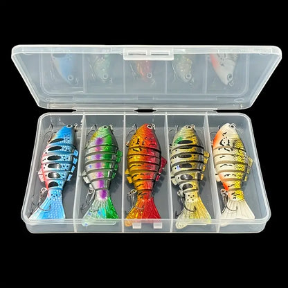 5-piece swimbait lure set with realistic fish design, sharp treble hooks, and durable ABS material for freshwater and saltwater fishing.