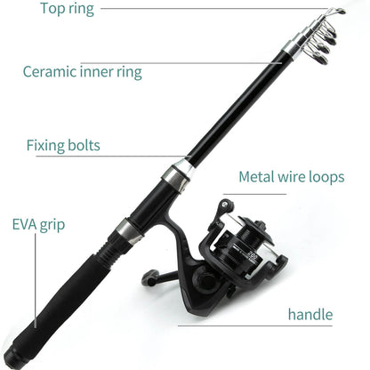 5ft Telescopic Fishing Rod & Lure Set – Long Casting Carbon Pole for Sea & Perch Fishing - Echo Leaf