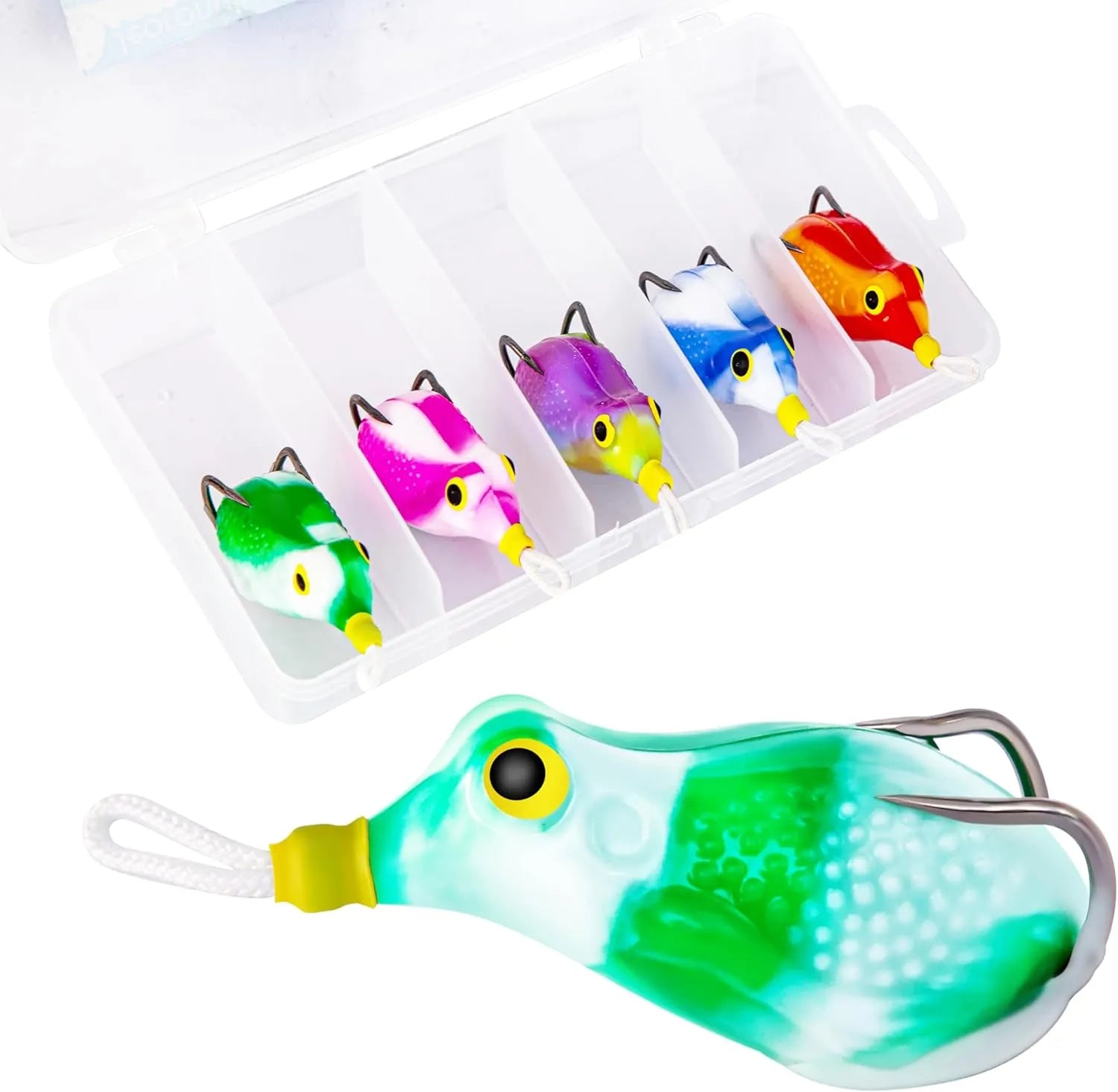 5pcs Topwater Frog Lures Set with Bait Box, Weedless Fishing Lures for Bass, Snakehead, and Freshwater Fishing