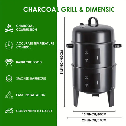 16" Charcoal Smoker Grill | Portable 3-Tier BBQ