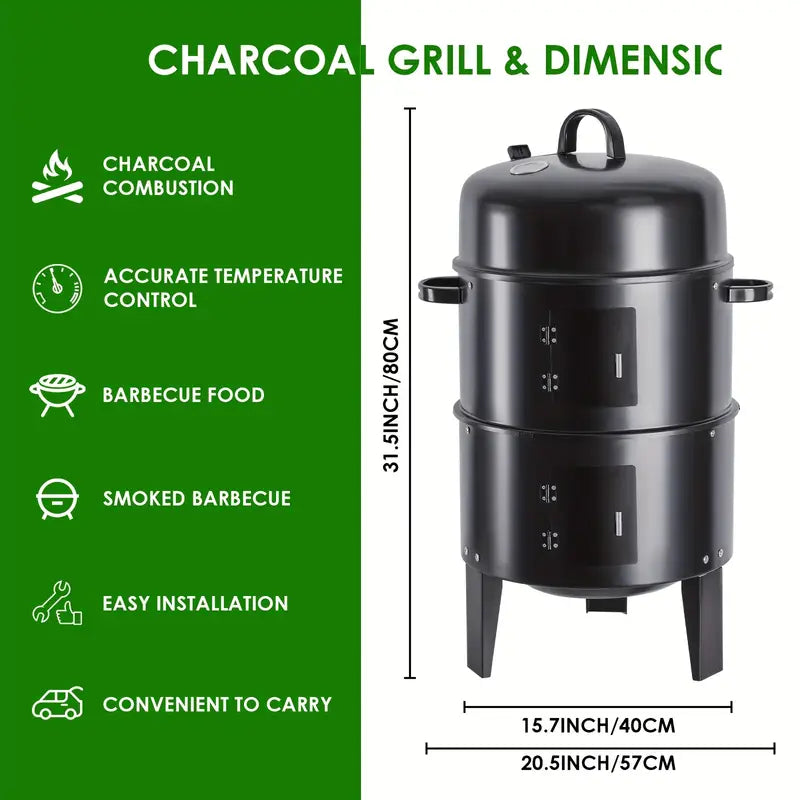 16" Charcoal Smoker Grill | Portable 3-Tier BBQ