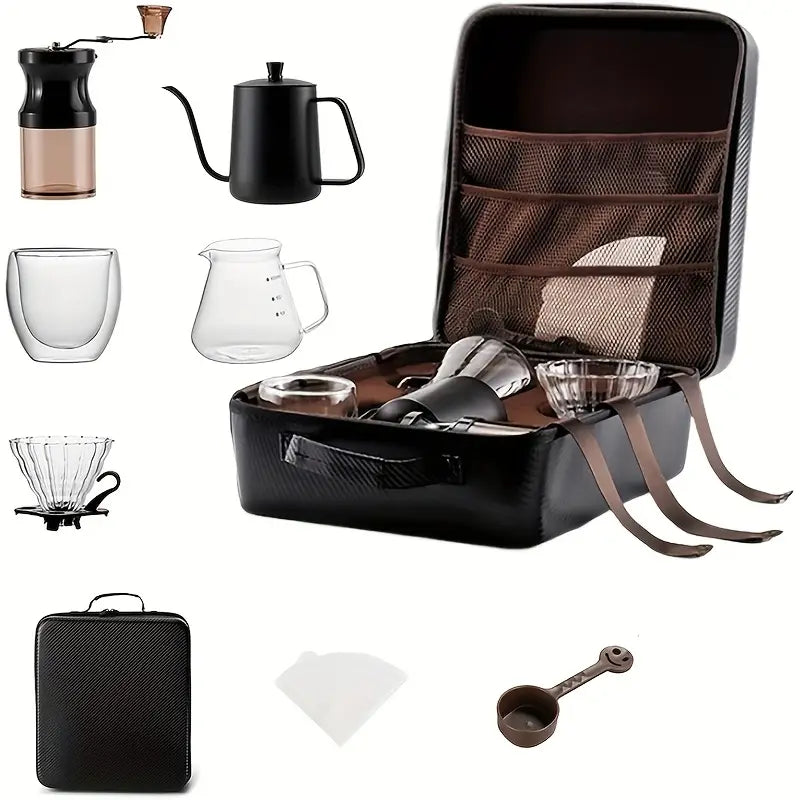 Outdoor Travel Coffee Set – Portable Stainless Steel Grinder & Glassware