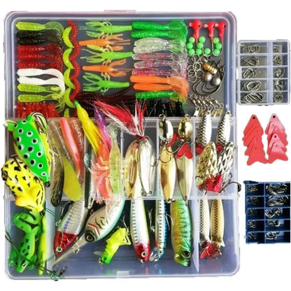 Echo-Leaf 275-Piece Fishing Lure Kit including frogs, spoons, and grasshoppers for bass, trout, and salmon fishing.