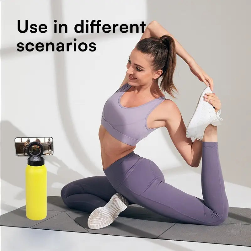 Outdoor and indoor thermos bottle with mobile phone holder
