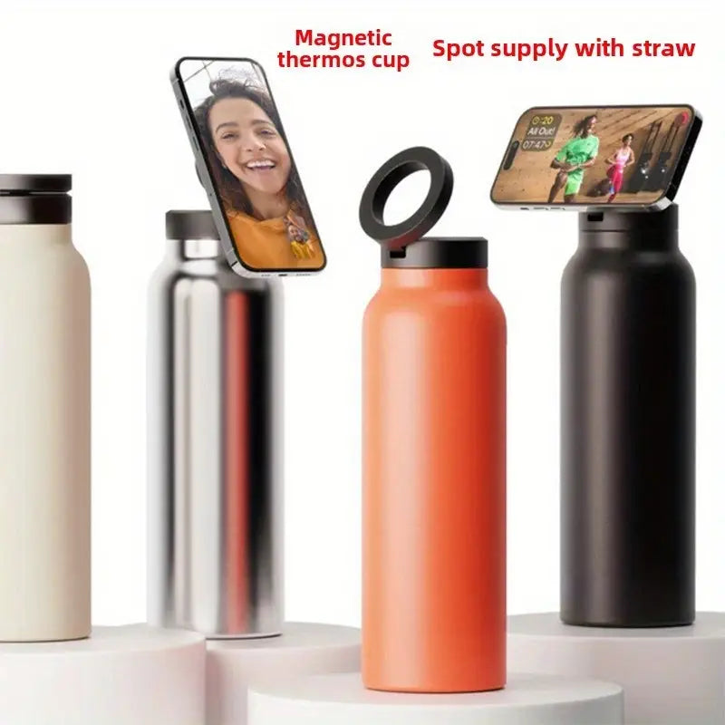Outdoor and indoor thermos bottle with mobile phone holder