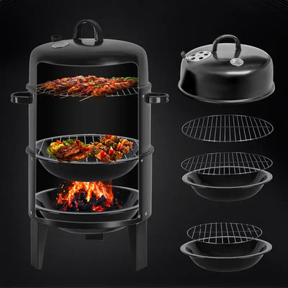 16" Charcoal Smoker Grill | Portable 3-Tier BBQ