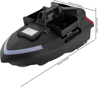 RC bait boat for fishing, 500M cruise, 4.4lbs loading capacity, automatic route correction, and auto return for precise bait placement.