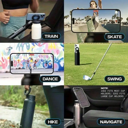 Outdoor and indoor thermos bottle with mobile phone holder