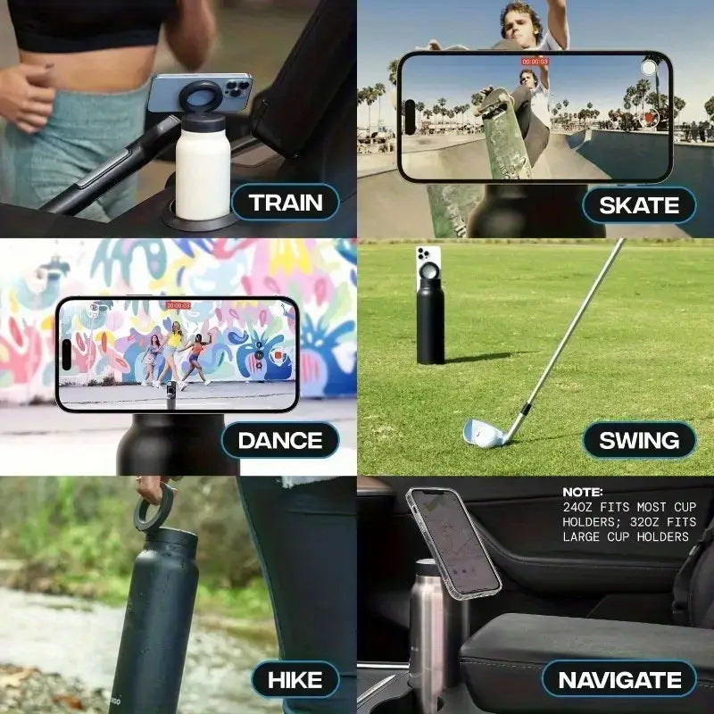 Outdoor and indoor thermos bottle with mobile phone holder