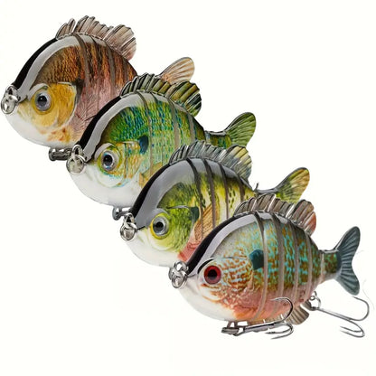 Multi-jointed bluegill swimbait for bass fishing with realistic body and treble hooks