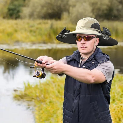 Lightweight sun hat with solar fan, designed for long days of fishing outdoors