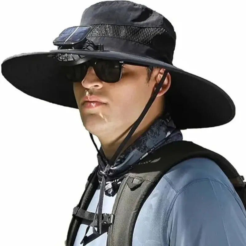 Lightweight sun hat with solar fan, designed for long days of fishing outdoors