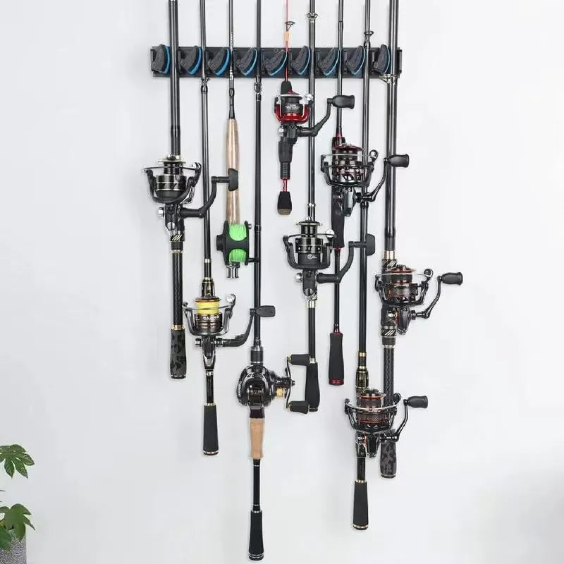 Wall-mounted wooden fishing rod rack for home or garage storage